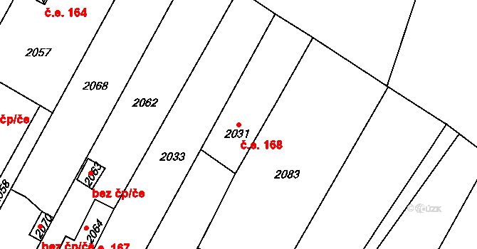 Křimice 168, Plzeň na parcele st. 2031 v KÚ Křimice, Katastrální mapa
