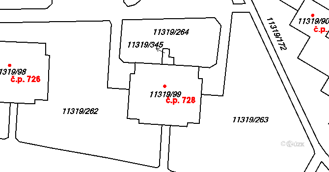 Severní Předměstí 728, Plzeň na parcele st. 11319/99 v KÚ Plzeň, Katastrální mapa