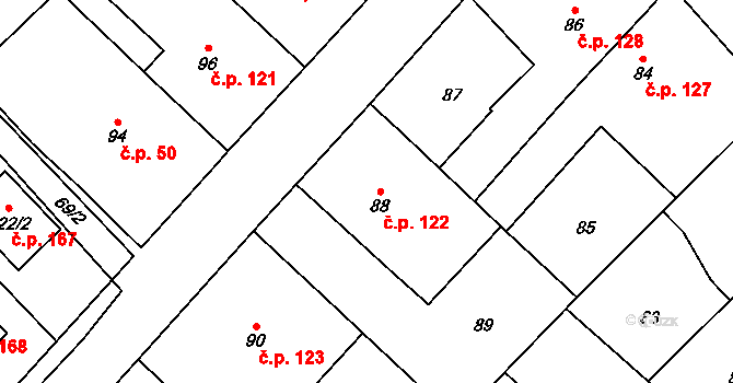 Čučice 122 na parcele st. 88 v KÚ Čučice, Katastrální mapa