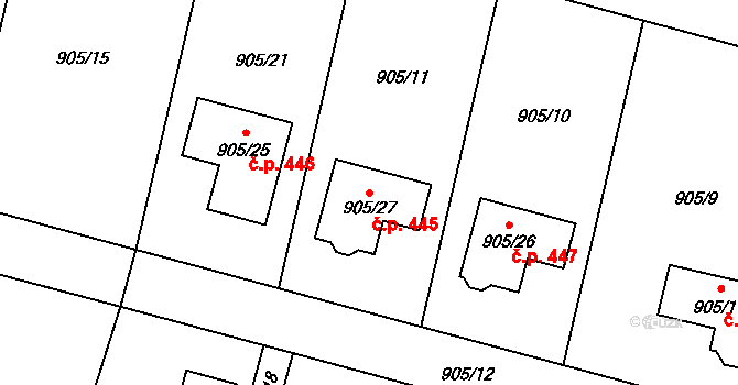 Malé Hoštice 445, Opava na parcele st. 905/27 v KÚ Malé Hoštice, Katastrální mapa