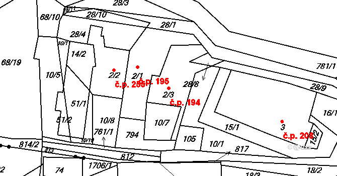 Dobronín 194 na parcele st. 2/3 v KÚ Střelecká, Katastrální mapa