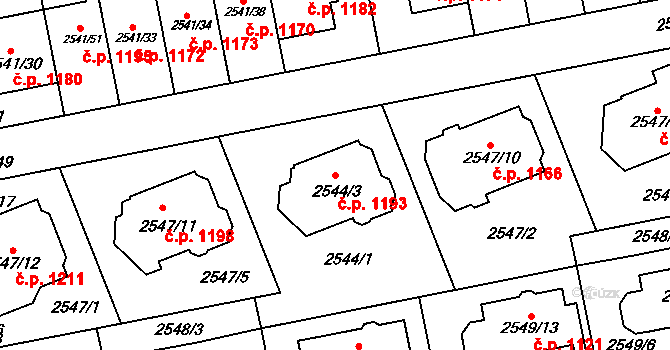 Komín 1193, Brno na parcele st. 2544/3 v KÚ Komín, Katastrální mapa