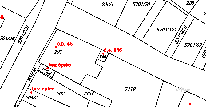 Hrádek 216 na parcele st. 860 v KÚ Hrádek u Znojma, Katastrální mapa