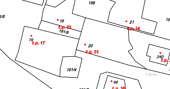 Přední Ptákovice 23, Strakonice na parcele st. 20 v KÚ Přední Ptákovice, Katastrální mapa