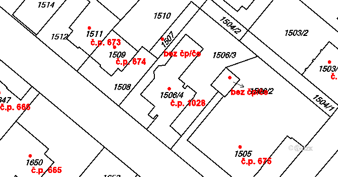 Jemnice 1028 na parcele st. 1506/4 v KÚ Jemnice, Katastrální mapa