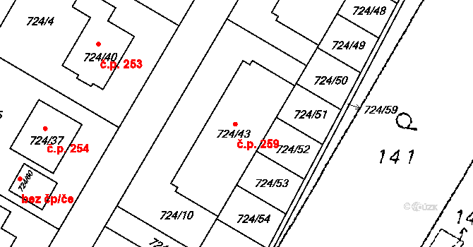 Chvalovice 259 na parcele st. 724/43 v KÚ Chvalovice, Katastrální mapa
