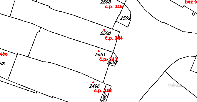 Jemnice 343 na parcele st. 2501 v KÚ Jemnice, Katastrální mapa
