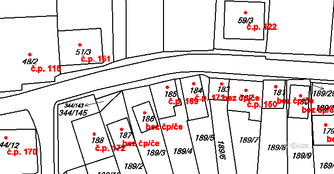 Milovice 169 na parcele st. 185 v KÚ Milovice u Mikulova, Katastrální mapa