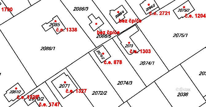 Bolevec 878, Plzeň na parcele st. 2074/2 v KÚ Bolevec, Katastrální mapa