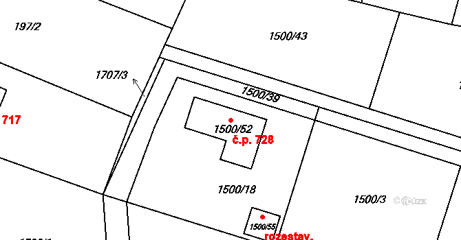 Hradištko 728 na parcele st. 1500/52 v KÚ Hradištko u Sadské, Katastrální mapa