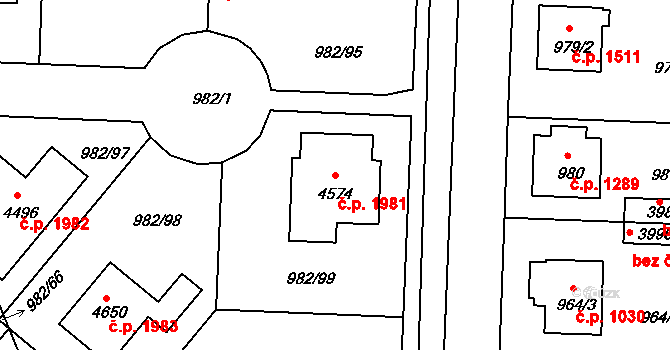 Čelákovice 1981 na parcele st. 4574 v KÚ Čelákovice, Katastrální mapa