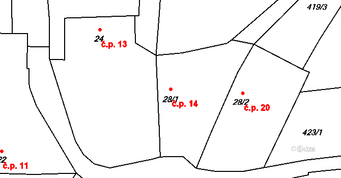 Lažany 14, Mezno na parcele st. 28/1 v KÚ Lažany u Mezna, Katastrální mapa