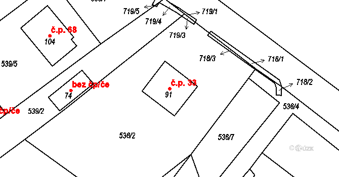 Rovné 33, Bystřice nad Pernštejnem na parcele st. 91 v KÚ Rovné, Katastrální mapa