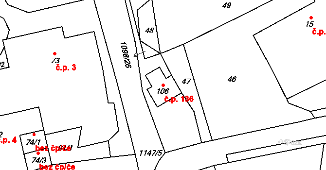 Blatno 136 na parcele st. 106 v KÚ Blatno u Chomutova, Katastrální mapa