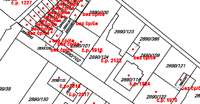 Předměstí 2122, Opava na parcele st. 2890/124 v KÚ Opava-Předměstí, Katastrální mapa