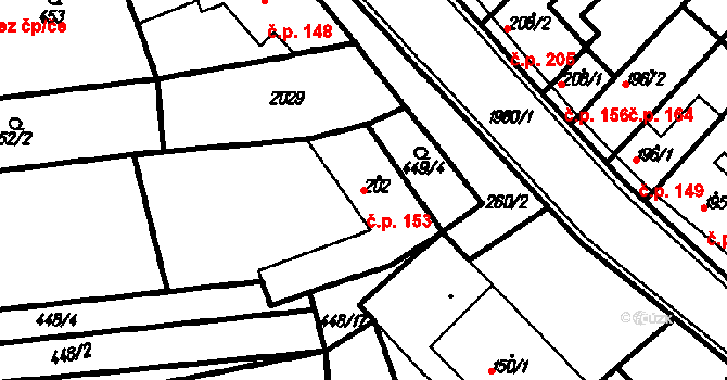 Kloboučky 153, Bučovice na parcele st. 202 v KÚ Kloboučky, Katastrální mapa