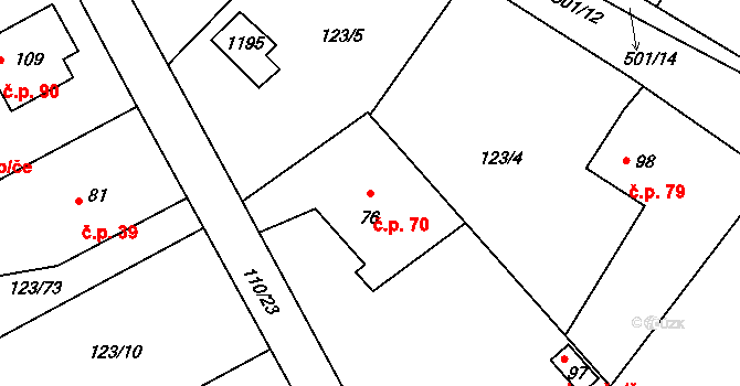 Červené Záhoří 70, Chotoviny na parcele st. 76 v KÚ Červené Záhoří, Katastrální mapa