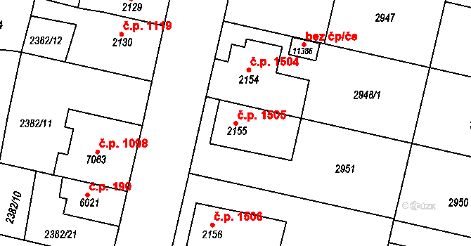 Zelené Předměstí 1505, Pardubice na parcele st. 2155 v KÚ Pardubice, Katastrální mapa