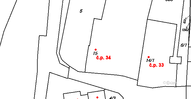 Rosice 34, Pardubice na parcele st. 15 v KÚ Rosice nad Labem, Katastrální mapa
