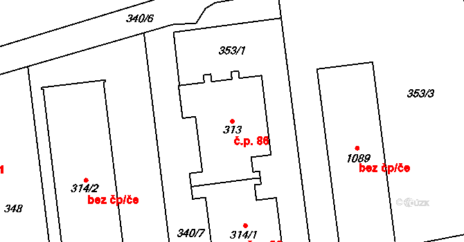 Semtín 86, Pardubice na parcele st. 313 v KÚ Semtín, Katastrální mapa