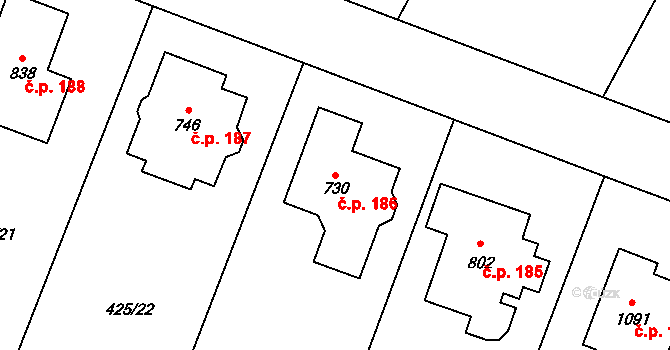 Ohrobec 186 na parcele st. 730 v KÚ Ohrobec, Katastrální mapa