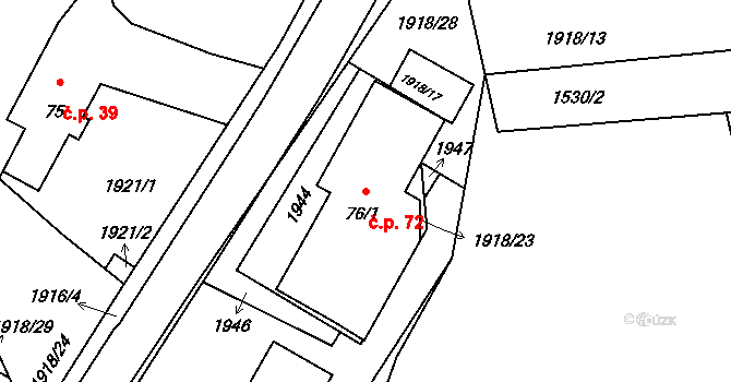 Kopidlo 72 na parcele st. 76/1 v KÚ Kopidlo, Katastrální mapa