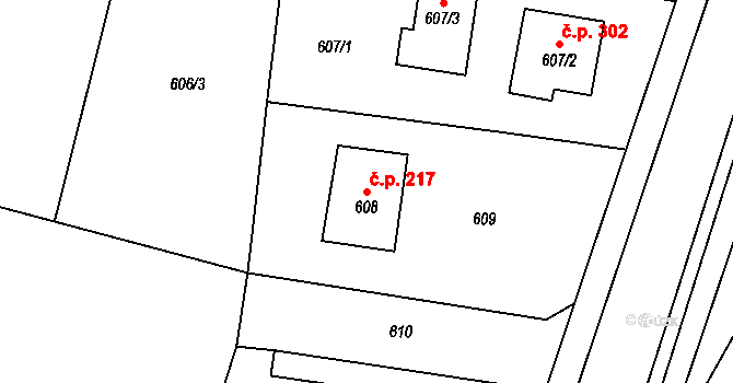 Senec 217, Zruč-Senec na parcele st. 608 v KÚ Senec u Plzně, Katastrální mapa