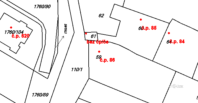 Drnholec 86 na parcele st. 59 v KÚ Drnholec, Katastrální mapa