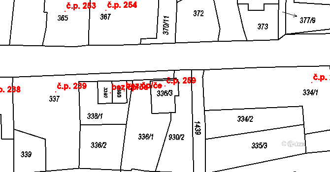 Poběžovice 259 na parcele st. 336/3 v KÚ Poběžovice u Domažlic, Katastrální mapa
