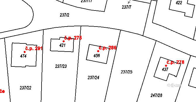 Únětice 286 na parcele st. 456 v KÚ Únětice u Prahy, Katastrální mapa