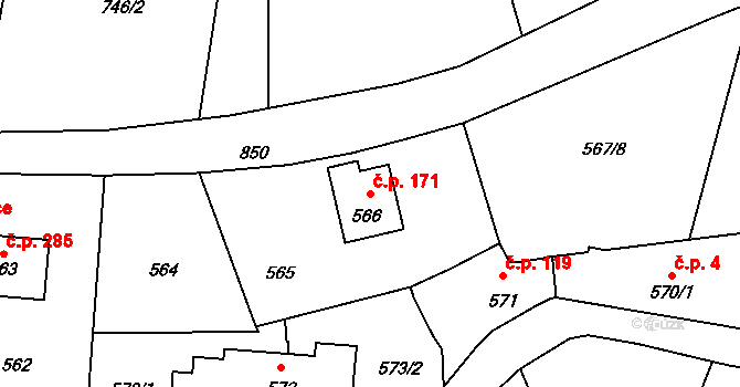 Černé Budy 171, Sázava na parcele st. 566 v KÚ Černé Budy, Katastrální mapa