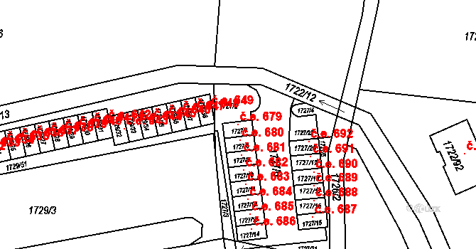 Miřetice u Klášterce nad Ohří 679, Klášterec nad Ohří na parcele st. 1727/7 v KÚ Miřetice u Klášterce nad Ohří, Katastrální mapa