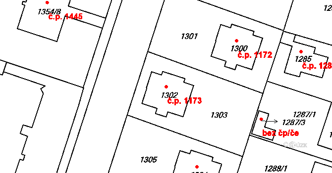 Čelákovice 1173 na parcele st. 1302 v KÚ Čelákovice, Katastrální mapa