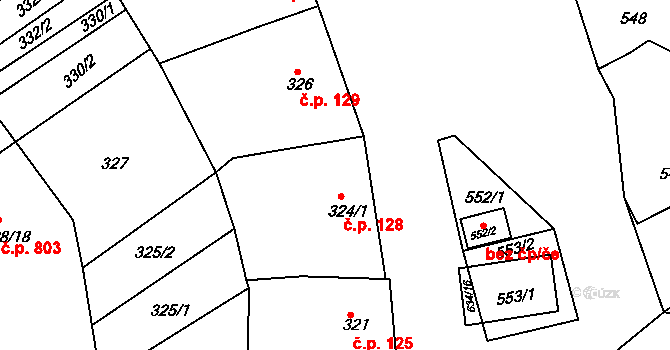 Šardice 128 na parcele st. 324/1 v KÚ Šardice, Katastrální mapa