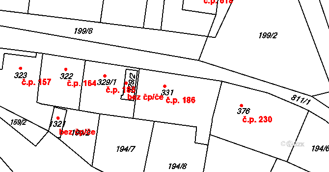 Osek 186 na parcele st. 331 v KÚ Osek u Duchcova, Katastrální mapa