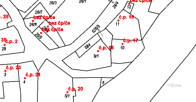 Lhotka nad Labem 15 na parcele st. 9/1 v KÚ Lhotka nad Labem, Katastrální mapa