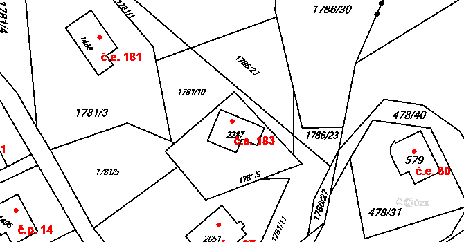 Rožnov pod Radhoštěm 183 na parcele st. 2287 v KÚ Rožnov pod Radhoštěm, Katastrální mapa