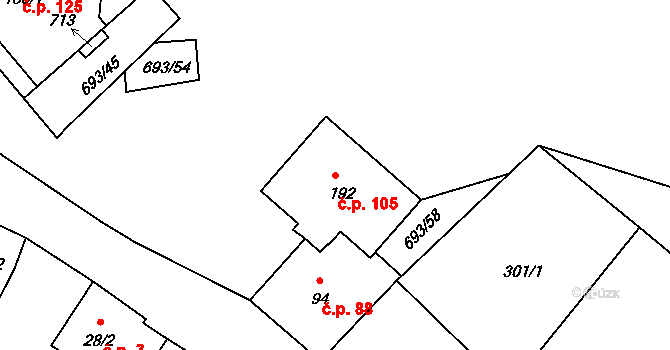 Sudoměřice u Bechyně 105 na parcele st. 192 v KÚ Sudoměřice u Bechyně, Katastrální mapa
