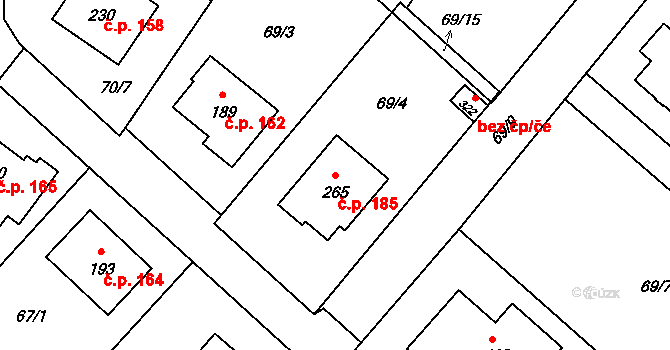 Borek 185 na parcele st. 265 v KÚ Borek u Českých Budějovic, Katastrální mapa