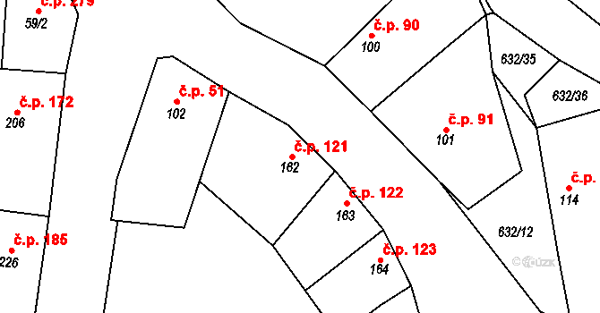 Dymokury 121 na parcele st. 162 v KÚ Dymokury, Katastrální mapa