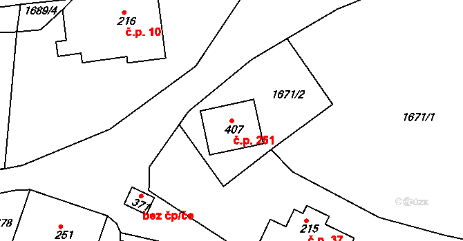 Oldřiš 251 na parcele st. 407 v KÚ Oldřiš u Poličky, Katastrální mapa