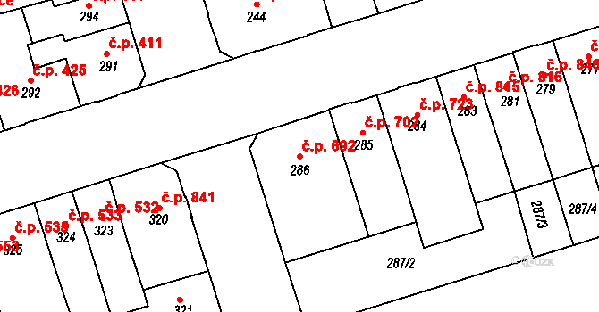 Trnovany 692, Teplice na parcele st. 286 v KÚ Teplice-Trnovany, Katastrální mapa