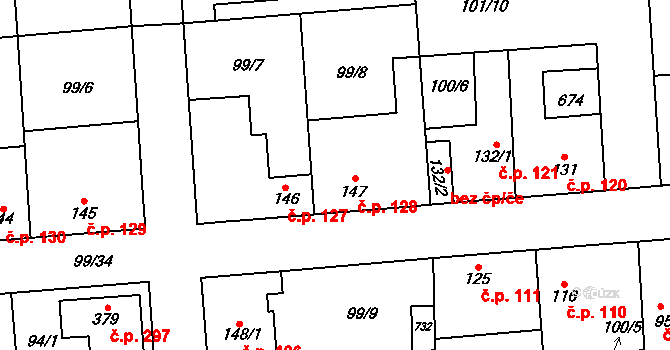 Dobřichov 128 na parcele st. 147 v KÚ Dobřichov, Katastrální mapa
