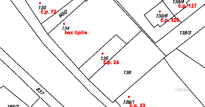 Tušť 24, Suchdol nad Lužnicí na parcele st. 135 v KÚ Tušť, Katastrální mapa