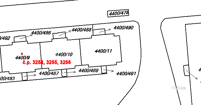 Modřany 3254,3255,3256, Praha na parcele st. 4400/11 v KÚ Modřany, Katastrální mapa