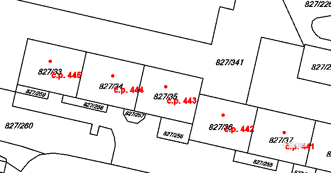 Bohnice 443, Praha na parcele st. 827/35 v KÚ Bohnice, Katastrální mapa