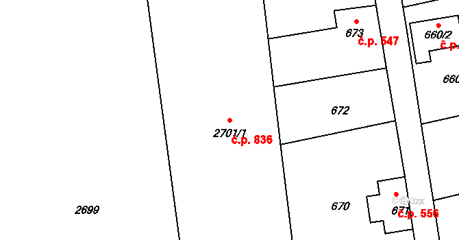 Šluknov 836 na parcele st. 2701/1 v KÚ Šluknov, Katastrální mapa