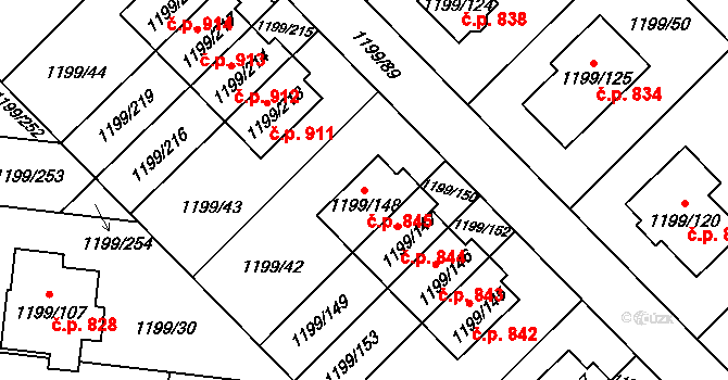 Vejprnice 845 na parcele st. 1199/148 v KÚ Vejprnice, Katastrální mapa