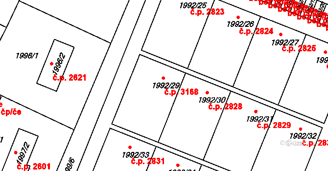 Teplice 3168 na parcele st. 1992/29 v KÚ Teplice, Katastrální mapa