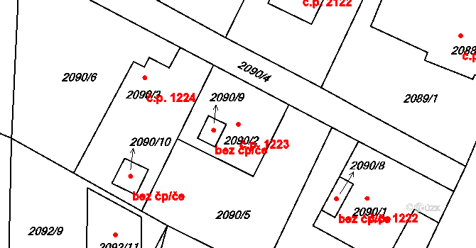 Benešov 1223 na parcele st. 2090/2 v KÚ Benešov u Prahy, Katastrální mapa